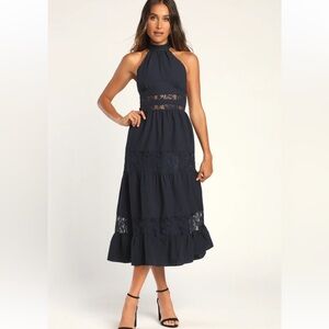 Lulu’s sunshine fine navy blue lace tiered halter midi dress